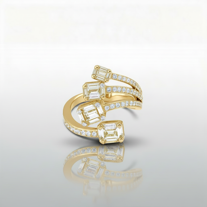 Baguette Diamond Four-Cluster Bypass Ring | 18K Gold