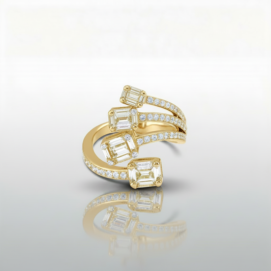 Baguette Diamond Four-Cluster Bypass Ring | 18K Gold