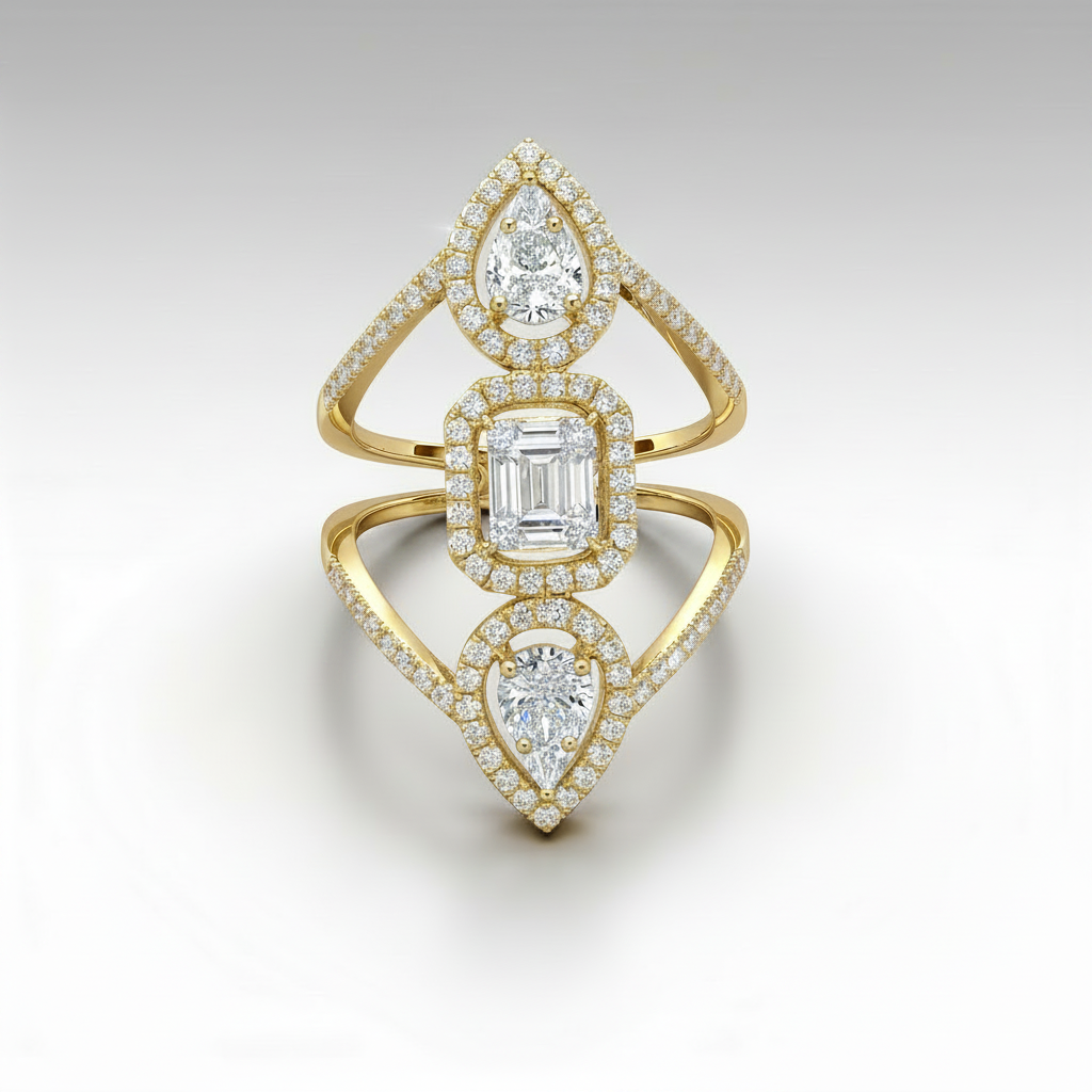 Pear & Emerald-Shaped Diamond Elongated Statement Ring | 18K Gold