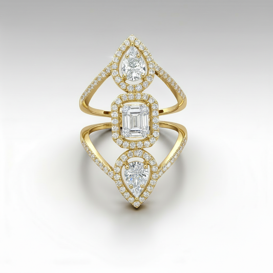 Pear & Emerald-Shaped Diamond Elongated Statement Ring | 18K Gold