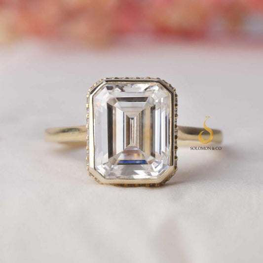 Hidden Halo Bezel Set Emerald Cut Engagement Ring