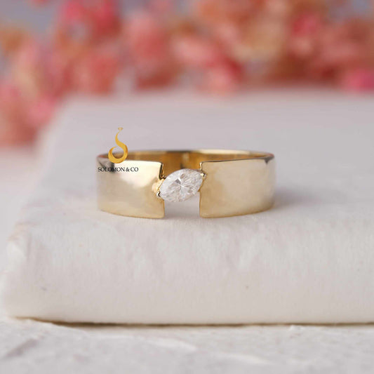 Marquise Cut Moissanite Wide Band One Diamond Ring First