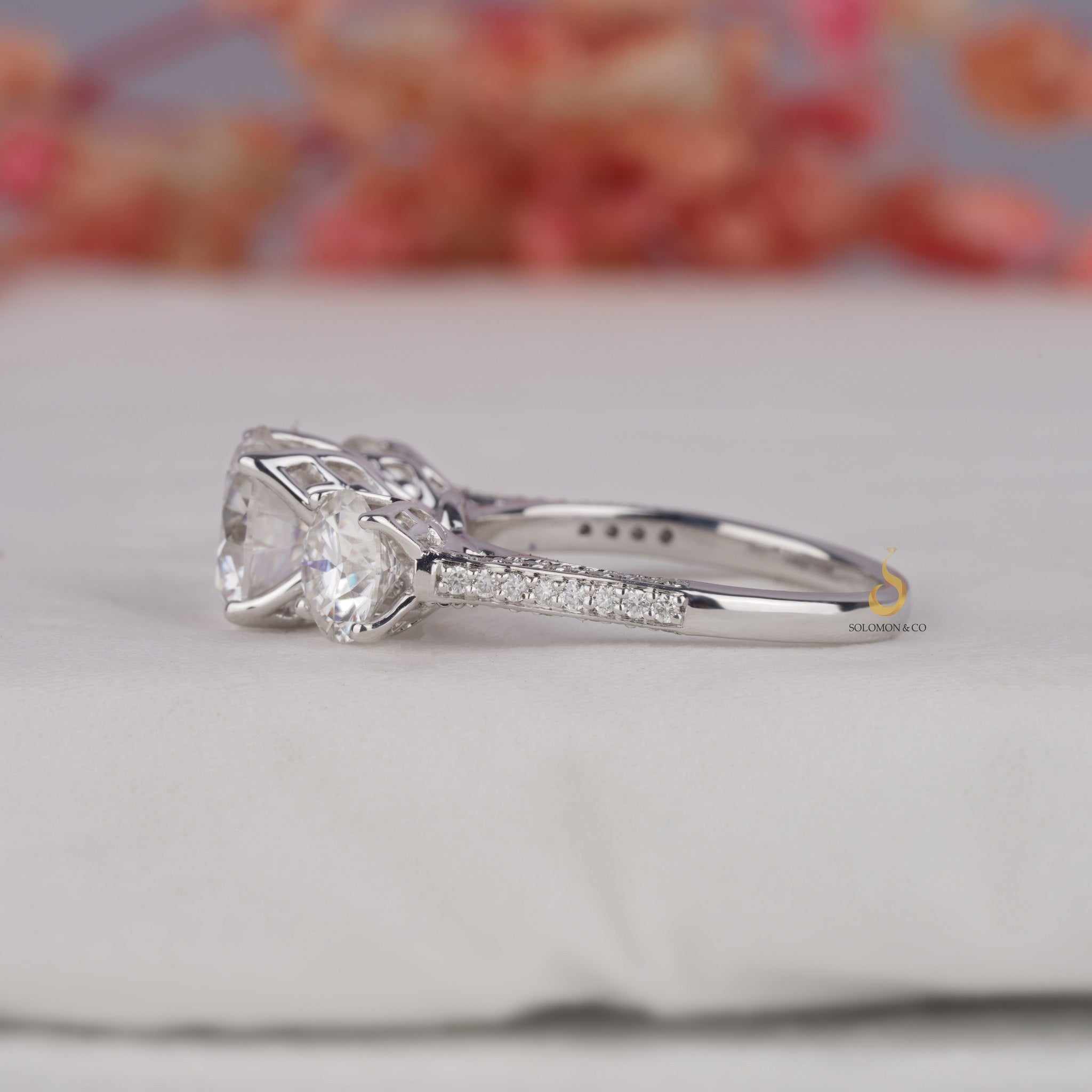 High Profile Tulip Set Three Stone Ring Third